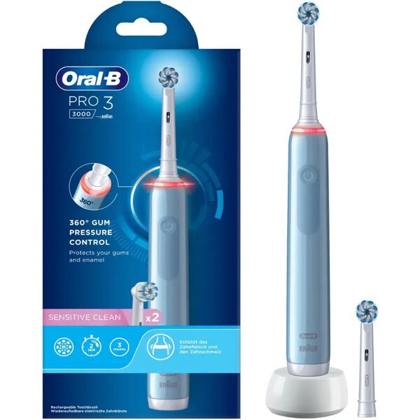 oral-b spazzolino elettrico ricaricabile pro 3 3000 blu, 2 testine, 1 spazzolino