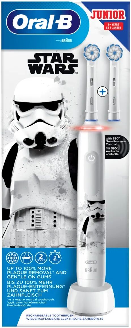 oral-b spazzolino elettrico ricaricabile junior star wars +6 anni, 2 testine, 1 spazzolino