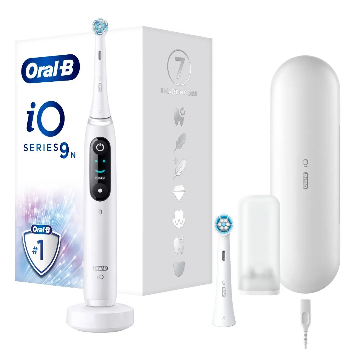 oral-b spazzolino elettrico ricaricabile io 9s bianco, 2 testine, 1 custodia da viaggio ricaricabile, 1 spazzolino