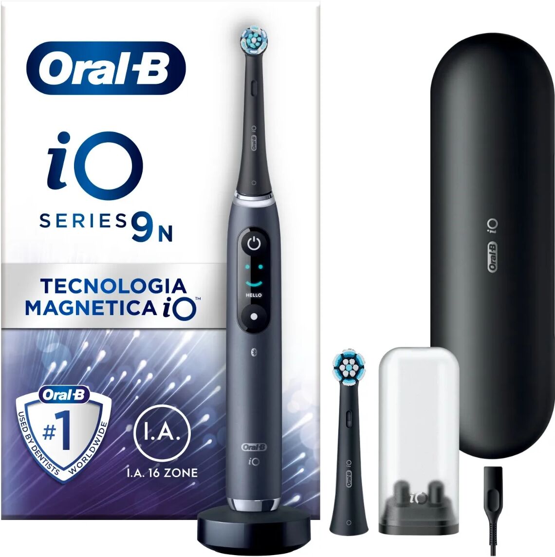 oral-b spazzolino elettrico ricaricabile io 9s nero, 2 testine, 1 custodia da viaggio ricaricabile, 1 spazzolino