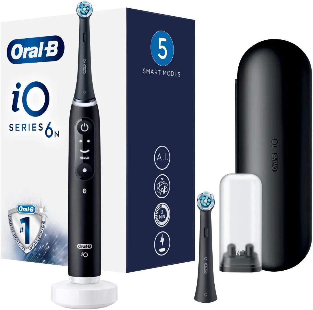 oral-b io6 spazzolino elettrico ricaricabile nero con custodia da viaggio, 2 testine