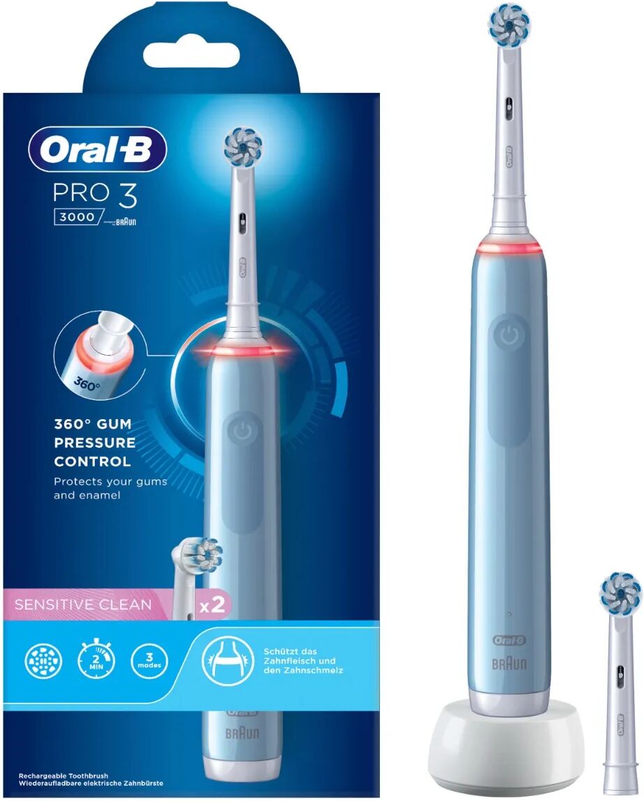 oral-b spazzolino elettrico ricaricabile pro 3 3000 blu, 2 testine, 1 spazzolino