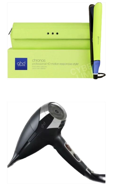 Set Ghd  Piastra Chronos Lime Verde Con Pochette Piu' Phon Helios Nero In Omaggio Q6 Elgon Hair Repair System