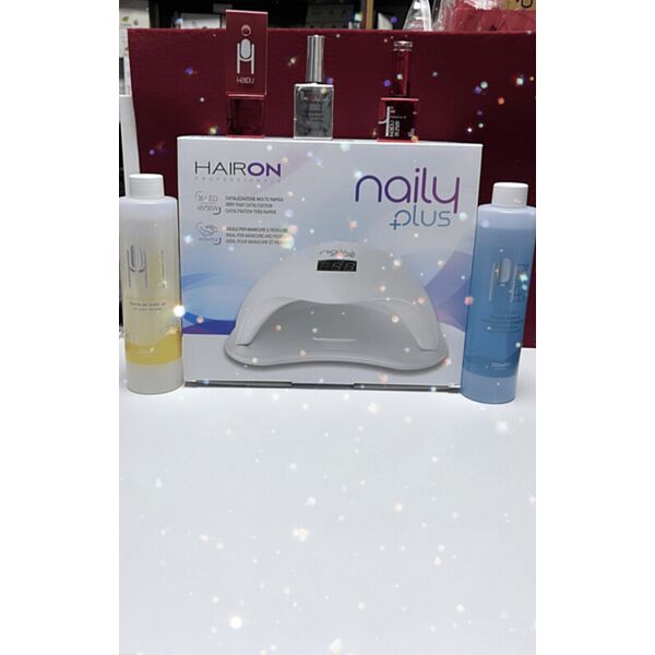 lampada naily plus hair on piu' set smalto semipermanente haidu base e top piu' ultra bond piu' smalto s1 red piu' soak off 250 ml piu' cleanser 250 ml.