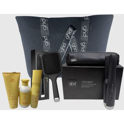 GHD Piastra Unplugged Senza Fili Gift Set Con Spazzola E Pochette+kit Mare Wella Professional++ Borsa GHD Piastra Unplugged Senza Fili Gift Set Con Spazzola E Pochette+kit Mare Wella Professional++ Borsa