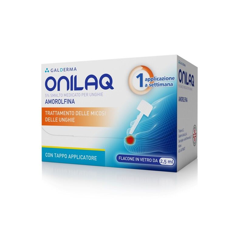 Onilaq 5% Smalto Medicato Per Unghie, 1 Flacone In Vetro Da 2,5 Ml Con Tappo Applicatore E Con Accessori (Limette Per Unghie,Tamponi Detergenti)