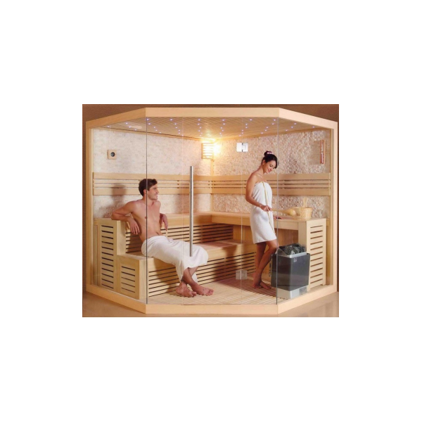 arredo casa facile sauna finlandese 6-7 posti 200x200 cm king - vetro 8mm - stufa harvia eco-tech - nuovo pc - ozono - radio + mp3 - mp4 - usb - bluetooth - aromaterapia - cromoterapia - led - timer - orologio - secchiello