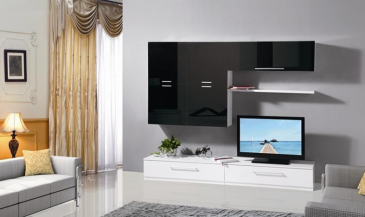 Arredo Casa Facile Mobile Soggiorno Parete Attrezzata Mdf Bianco Nero Lucido - Tv1