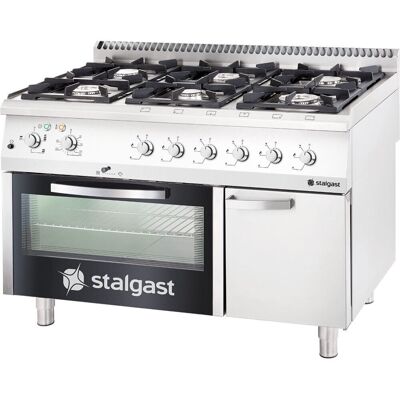 Stalgast Cucina a gas a 6 fuochi con forno elettrico a convezione (600 x 400 mm / gastronorm 1/1) Serie 700 ND - G20, 6 fuochi (3,5+3x5+2x7) ; 120x70x85 cm (LxPxH); argento Stalgast Cucina a gas a 6 fuochi con forno elettrico a convezione (600 x 400 mm / gastronorm 1/1) Serie 700 ND - G20, 6 fuochi (3,5+3x5+2x7) ; 120x70x85 cm (LxPxH); argento