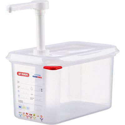 Araven Dispenser per salse/distributore a pompa, gastronorm 1/4, capacità 4,3 litri ; 4300 ml, 26.5x19x16.2 cm (LxHxP); trasparente Araven Dispenser per salse/distributore a pompa, gastronorm 1/4, capacità 4,3 litri ; 4300 ml, 26.5x19x16.2 cm (LxHxP); trasparente