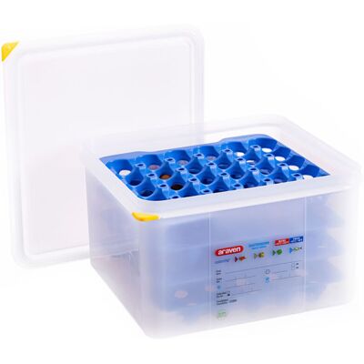 Araven Contenitore porta uova gastronorm 2/3 ; Misura GN 2/3, 25 l, 32.5x35.4x32.5 cm (LxLxP); trasparente/blu Araven Contenitore porta uova gastronorm 2/3 ; Misura GN 2/3, 25 l, 32.5x35.4x32.5 cm (LxLxP); trasparente/blu