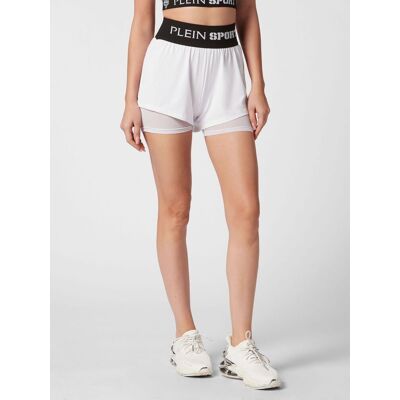 Plein Sport Pantaloncini sportivi a vita alta in tessuto tecnico stretch Bianco Taglia XL Plein Sport Pantaloncini sportivi a vita alta in tessuto tecnico stretch Bianco Taglia XL