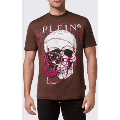 Philipp Plein T-shirt girocollo in cotone con stampa Skull e logo a contrasto Marrone Taglia 4XL Philipp Plein T-shirt girocollo in cotone con stampa Skull e logo a contrasto Marrone Taglia 4XL