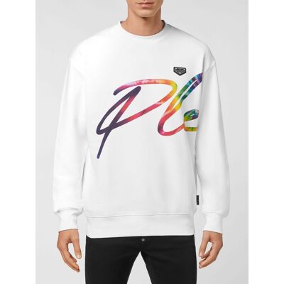 Philipp Plein Felpa girocollo in jersey di cotone con stampa logo a contrasto sul davanti Bianco Taglia XL Philipp Plein Felpa girocollo in jersey di cotone con stampa logo a contrasto sul davanti Bianco Taglia XL