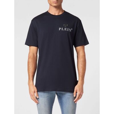 Philipp Plein T-shirt girocollo in puro cotone con logo a contrasto sul petto Blue Taglia M Philipp Plein T-shirt girocollo in puro cotone con logo a contrasto sul petto Blue Taglia M