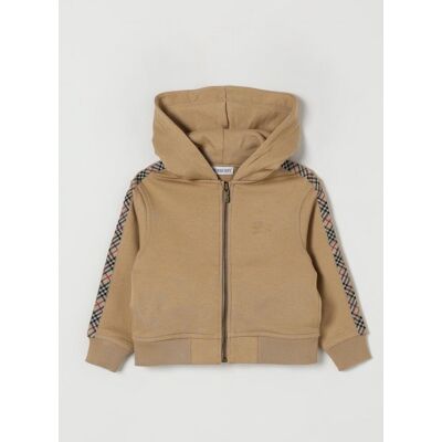 Burberry Felpa con cappuccio in cotone con bande check Sabbia Taglia 4 Burberry Felpa con cappuccio in cotone con bande check Sabbia Taglia 4