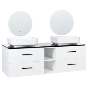 Beliani Mobile bagno LED bianco nero 150 x 49 cm MDF 4 cassetti 2 specchi doppio lavabo Bianco
