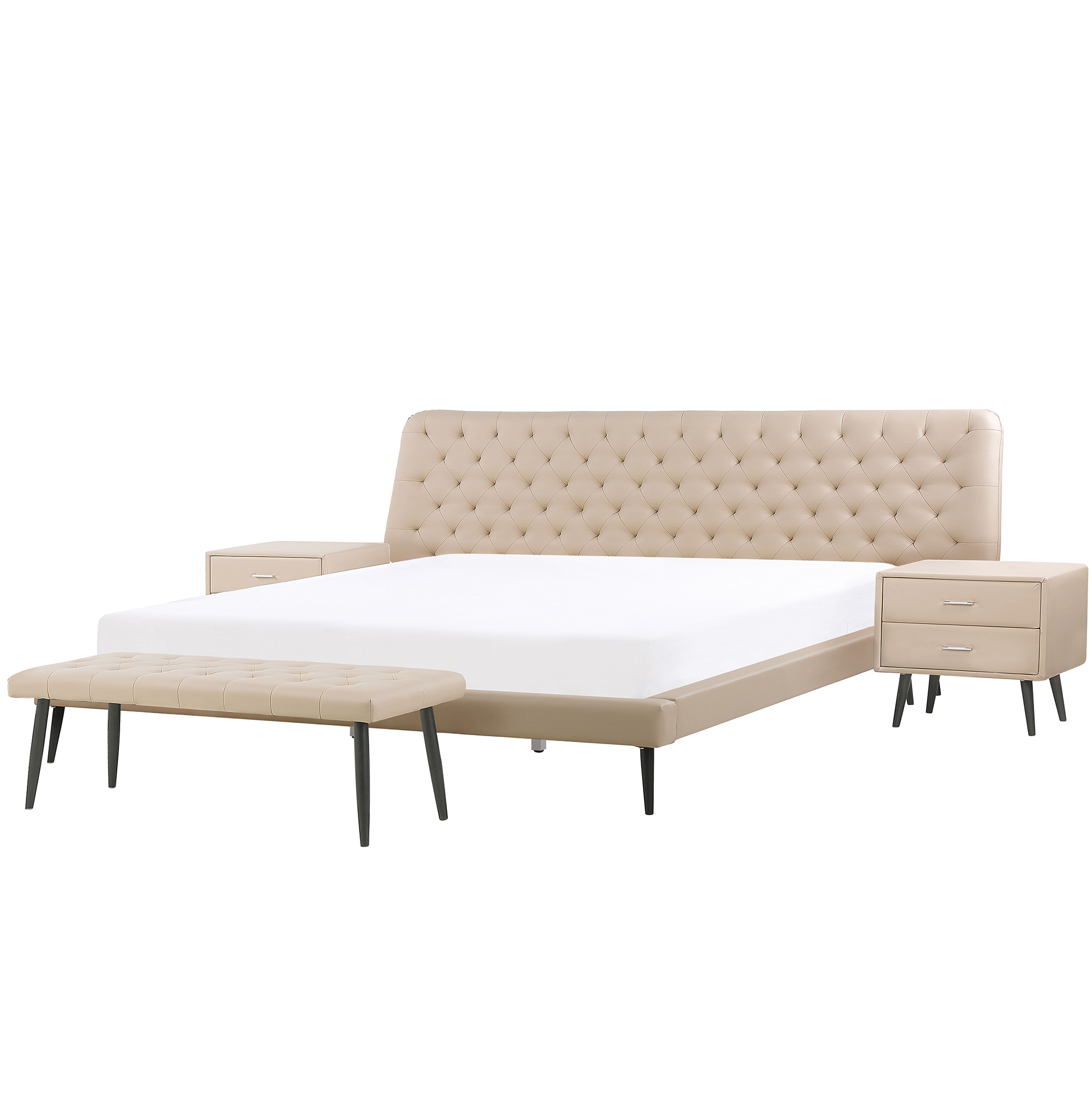 Beliani Letto con Panca e 2 Comodini in Ecopelle Testiera Decorativa 180 x 200 cm Beige