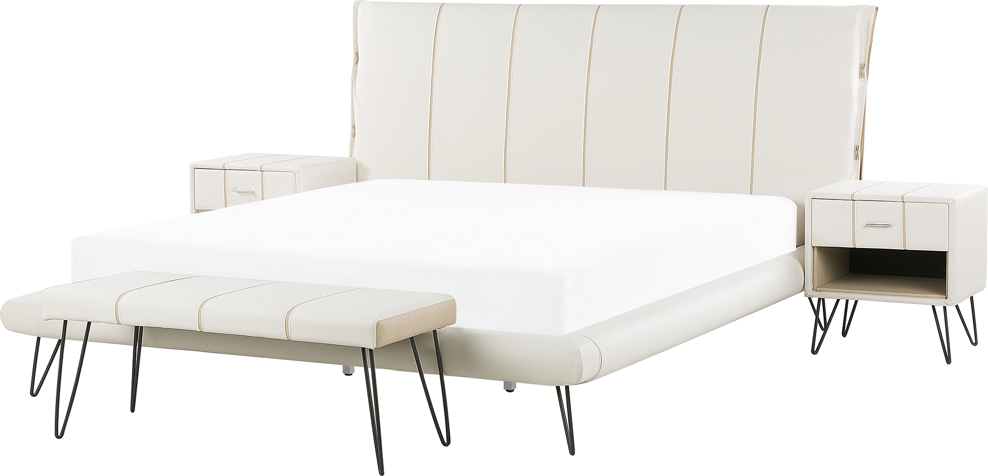 Beliani Letto con Panca e 2 Comodini in Ecopelle Testiera Decorativa 160 x 200 cm Bianco