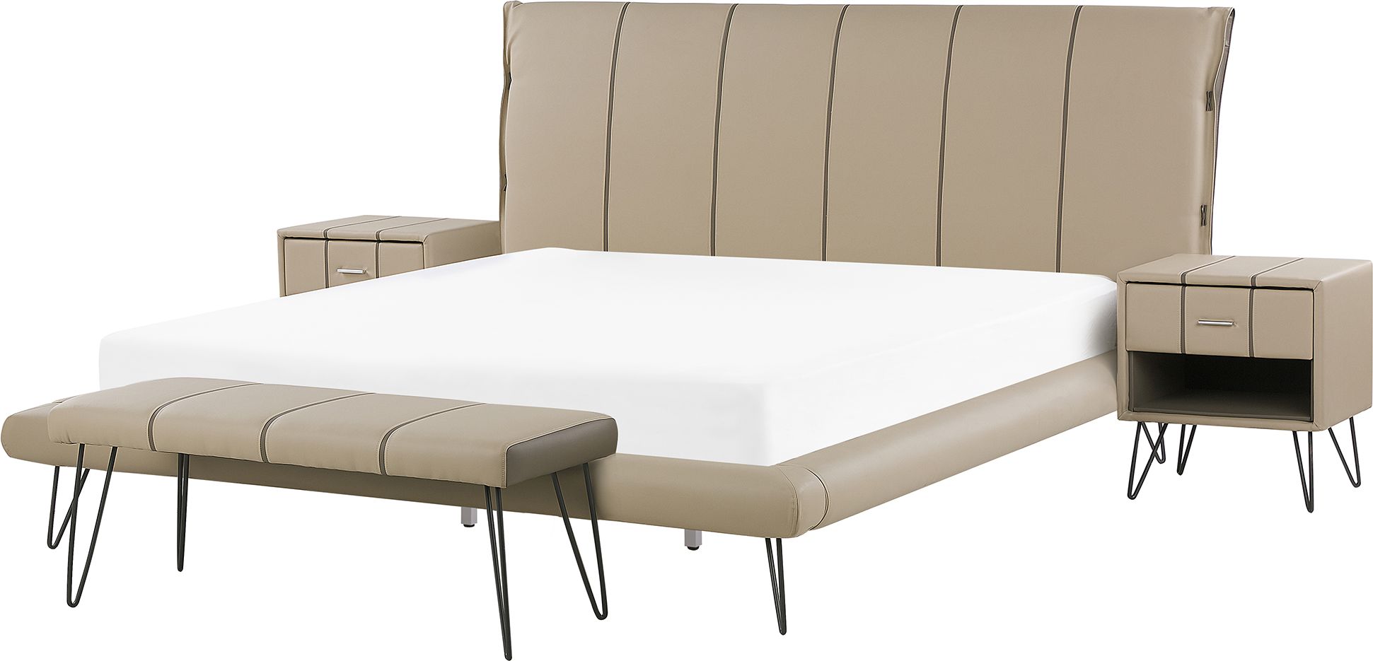 Beliani Letto con Panca e 2 Comodini in Ecopelle Testiera Decorativa 180 x 200 cm Beige