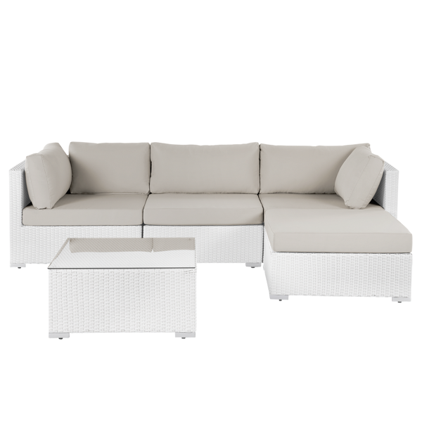 beliani set di divani da giardino in 2 pezzi bianco con cuscini beige tavolino da caffè