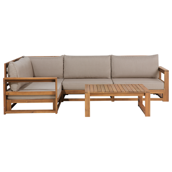 beliani set di divano angolare e tavolino legno acacia cuscini grigi