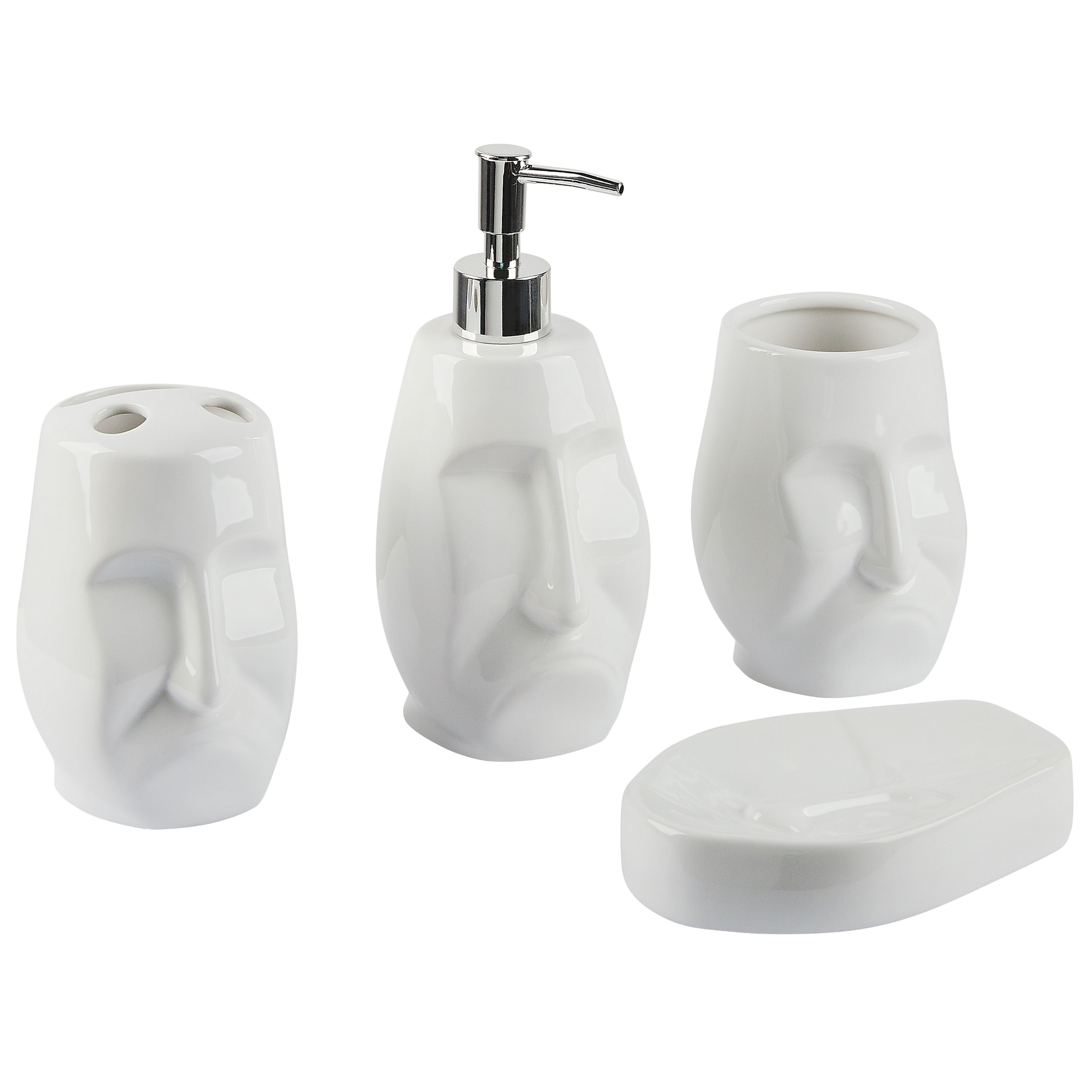 Beliani Set di 4 Accessori Bagno in Ceramica bianca a forma di faccia dispenser sapone