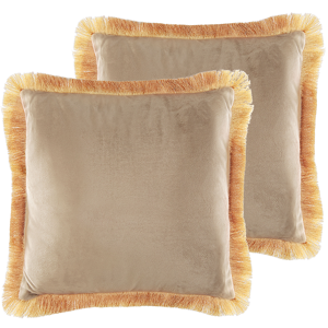 beliani set di 2 cuscini velluto accessorio decorativo nappe 45 x 45 cm beige beige