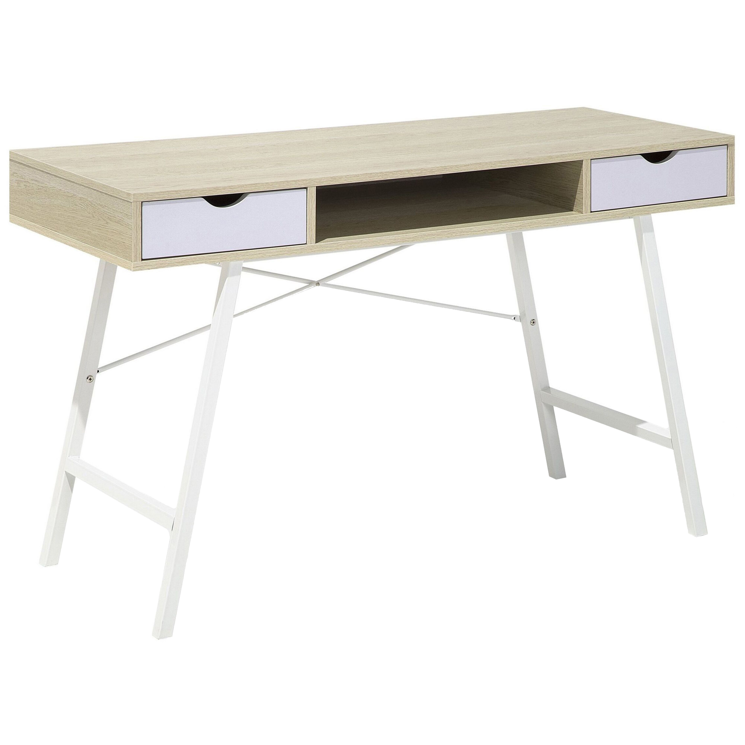 Beliani Scrivania da Ufficio Legno Chiaro e Bianco 120 x 48 cm 2 Cassetti Scandinavo Legno chiaro