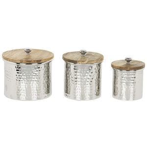 beliani set di 3 contenitori decorativi barattoli in alluminio argento con coperchi in