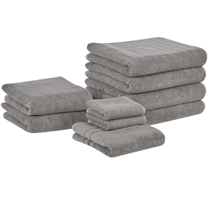 Beliani Set di 9 asciugamani in morbido cotone grigio con motivo a spina di pesce stile Grigio