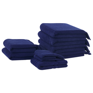 Beliani Set di 9 asciugamani bagno in spugna di cotone blu marino con nappe decorative Blu