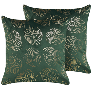 Beliani Set di 2 cuscini decorativi in velluto color verde e oro stampa foglie 45x45 cm Verde