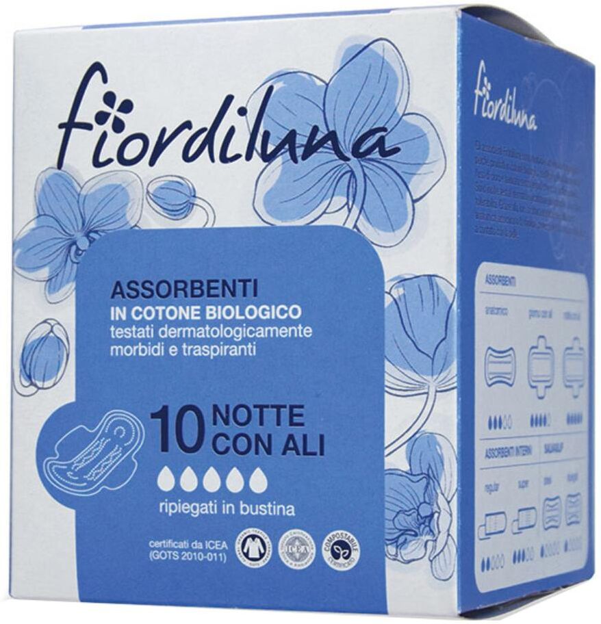 Biotobio Srl Fiordiluna - Assorbenti Notte Con Ali Cotone Biologico 10 pezzi