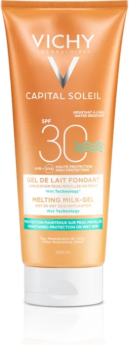 Vichy Ideal Soleil Gel-Latte Ultra Fondente SPF 30 200 ml - Protezione Solare per Pelle Bagnata o Asciutta, Resistente all'Acqua