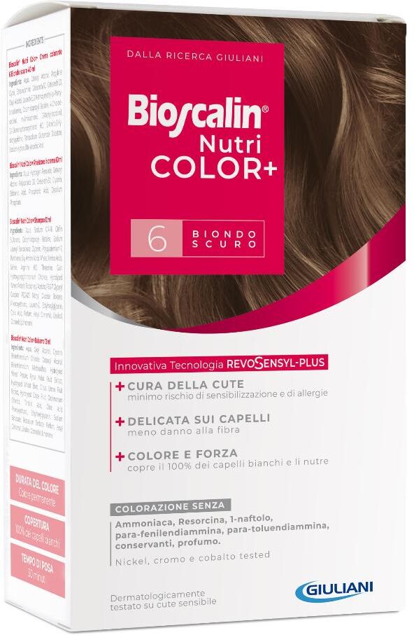 Giuliani Bioscalin - Nutricolor Plus Colorazione Capelli Permanente 6 Biondo Scuro - Kit Completo con Crema Colorante, Rivelatore Crema, Shampoo e Trattamento Finale