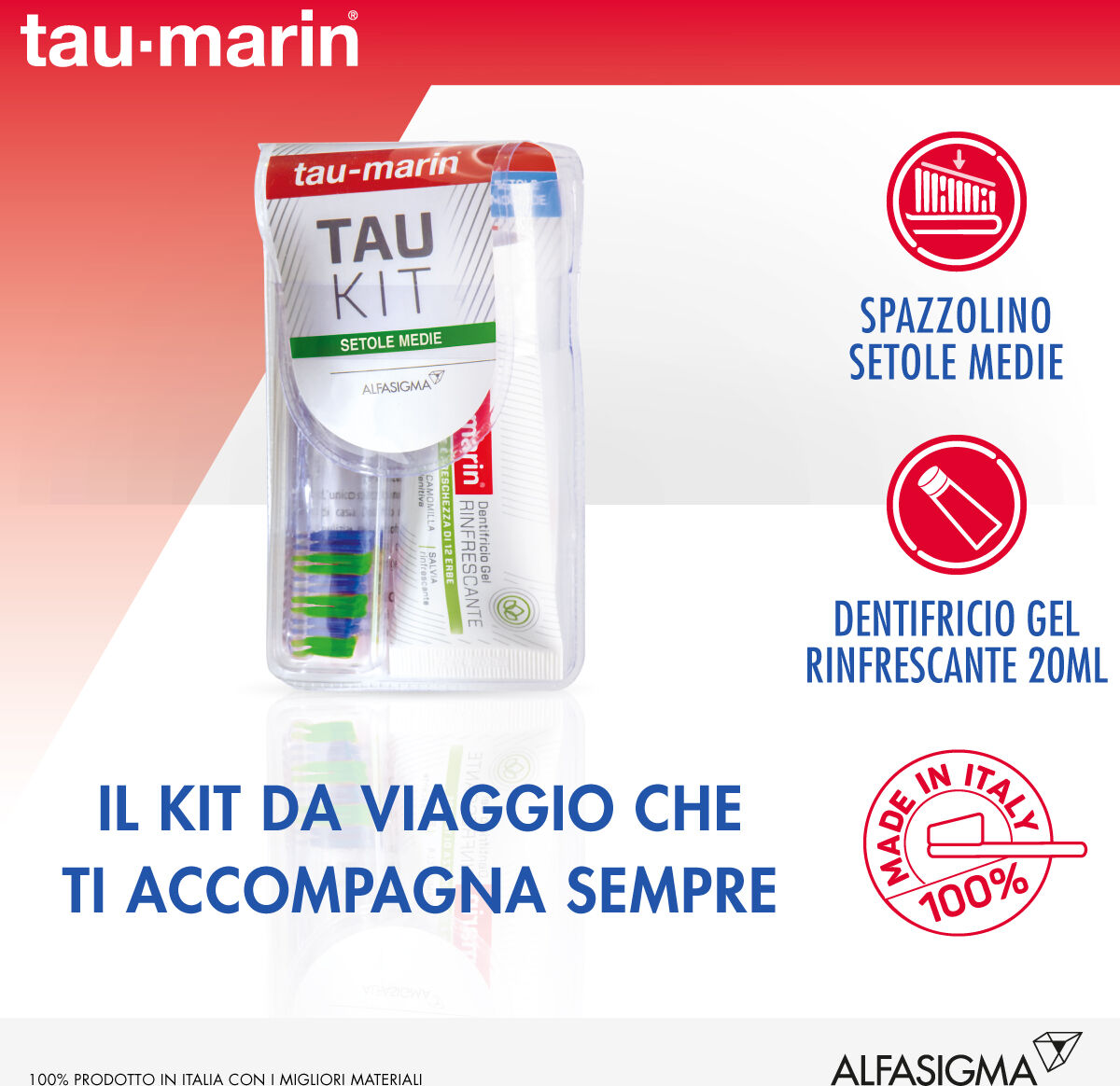 alfasigma spa tau marin - tau kit spazzolino medio + dentifricio 20ml, kit igiene orale completo