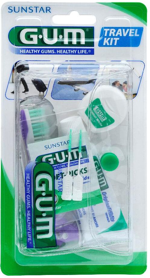 sunstar gum travel kit viaggio - spazzolino, dentifricio, filo interdentale e soft picks