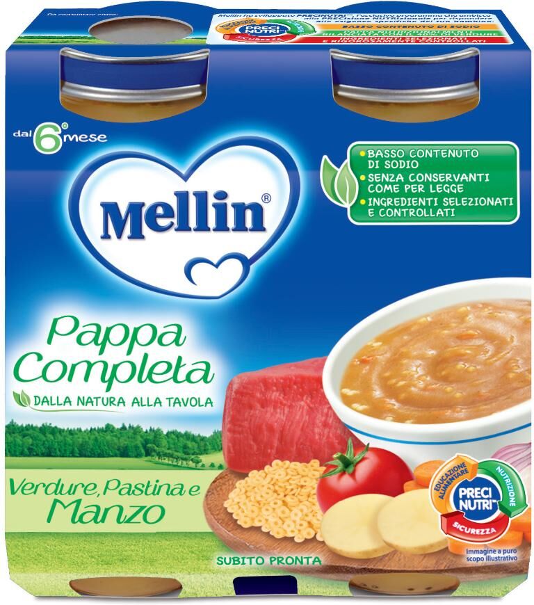 Mellin Pappa Completa Manzo 2x250g - Alimento per Bambini con Verdure, Pastina e Manzo