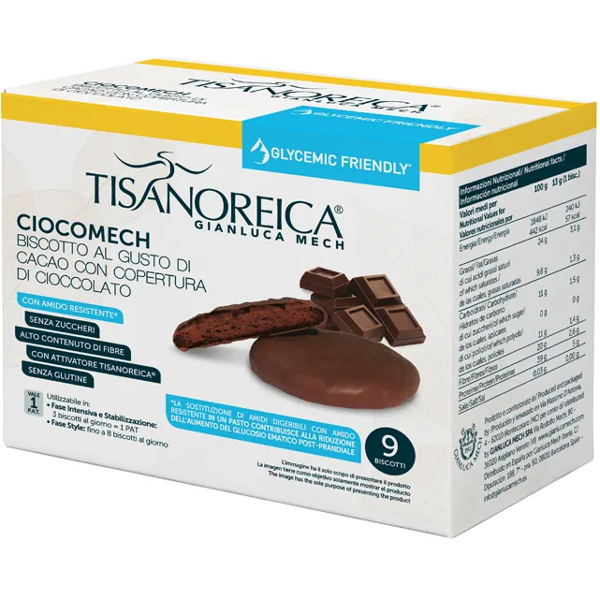 gianluca mech spa tisanoreica ciocomech glycemic friendly biscotto cacao 9x13g - biscotto cacao con copertura di cioccolato