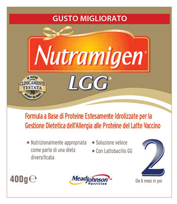 reckitt benckiser nutramigen 2 lgg - polvere per il fabbisogno giornaliero del lattante con allergia alle proteine del latte vaccino 6m+ 400g, latte ipoallergenico per bambini