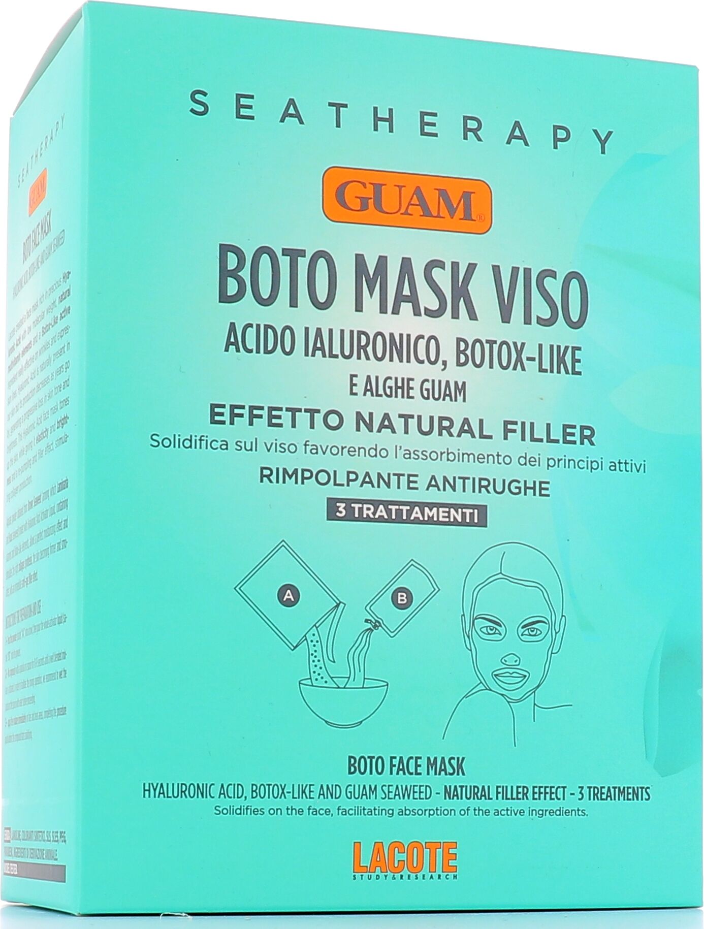 lacote guam - botomask viso con acido ialuronico seatherapy - trattamento viso idratante e rigenerante, 3 buste da 20g + 3 buste da 40ml