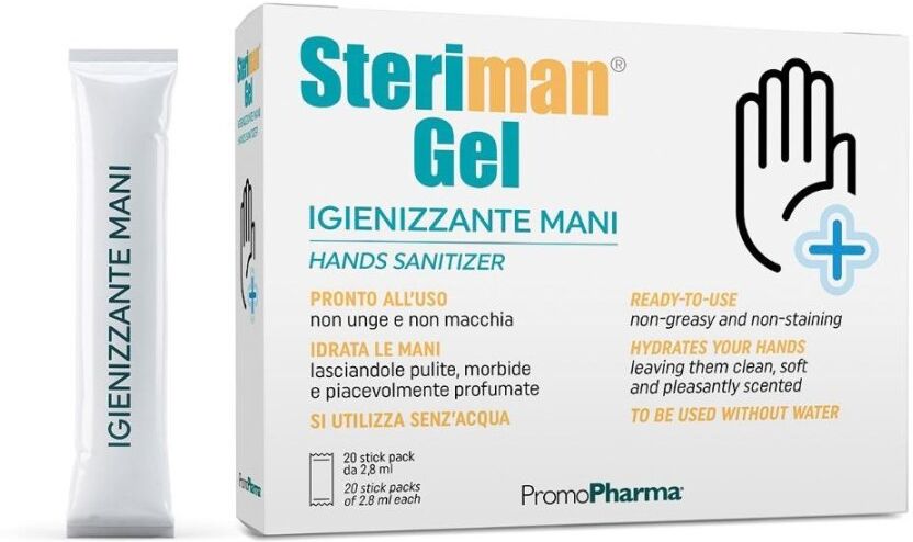 Promopharma Spa Steriman - Gel Igienizzante Disinfettante Mani 20 Stick da 2,8ml - Praticità e Igiene Ovunque Vai