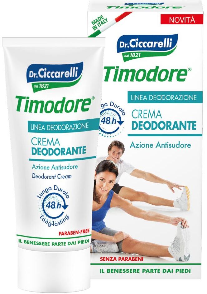 Farmaceutici Dott.Ciccarelli Dr. Ciccarelli  Timodore  LINEA DEODORAZIONE  CREMA DEODORANTE  Azione Antisudore  SENZA PARABENI IL BENESSERE PARTE DAI PIEDI