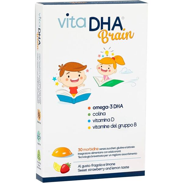 u.g.a. nutraceuticals srl vitadha brain - integratore di omega-3 dha gusto fragola e limone - 30 morbidine - supporto per la salute cerebrale dei bambini