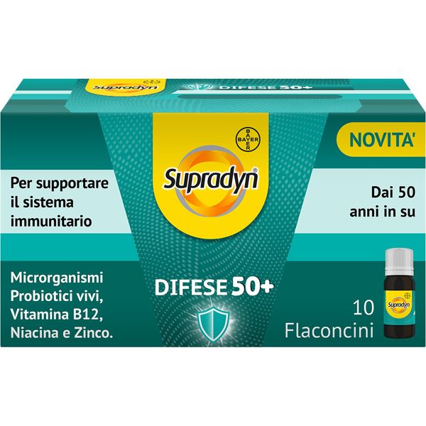 bayer spa supradyn difese 50+  integratore alimentare multivitaminico con vitamina c vitamina d e zinco per supportare il sistema immunitario - 10 flaconcini da 10 ml gusto caramello