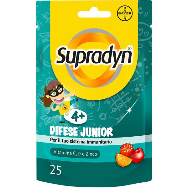 bayer spa supradyn difese junior integratore multivitaminico con vitamina c, d e zinco - gusto arancia, fragola e papaya - 25 caramelle gommose