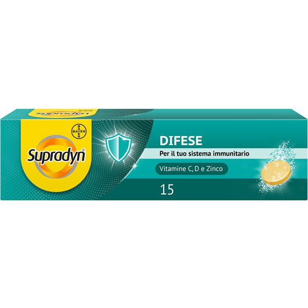 bayer spa supradyn difese integratore multivitaminico con vitamina d, vitamina c e zinco per il sistema immunitario - 15 compresse effervescenti