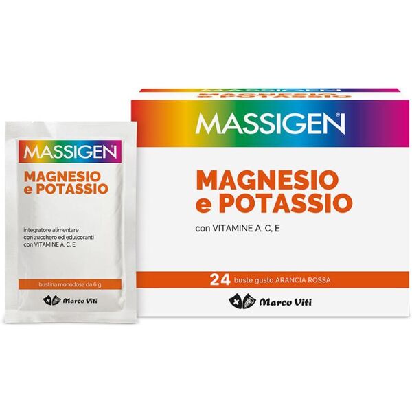 marco viti farmaceutici spa massigen magnesio e potassio 24 bustine gusto arancia rossa - integratore per la salute cardiovascolare