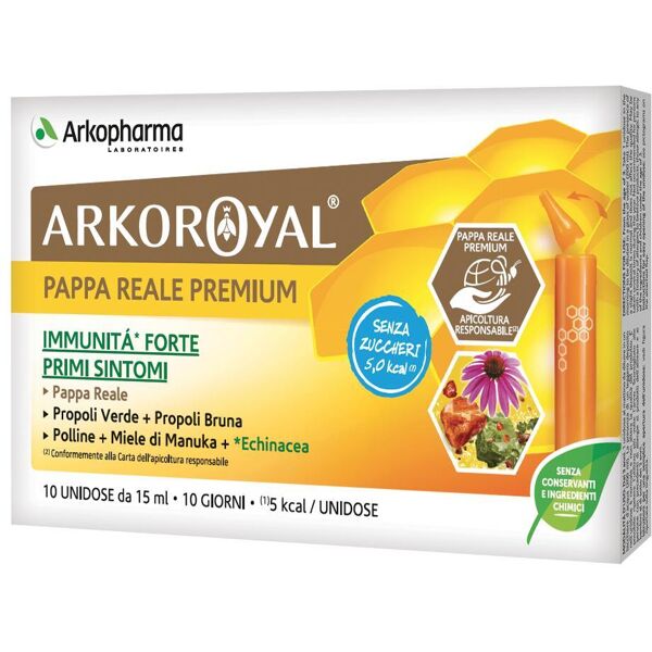 arkofarm srl arkopharma arkoroyal immunità forte senza zucchero 10 flaconcini da 15ml - integratore alimentare pappa reale, echinacea, propoli, miele e polline senza zuccheri